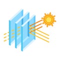 Sun protection with glass layers. Cross section double glazed window. Infographics showing properties.