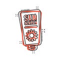 Sun protection icon in comic style. Sunblock cream cartoon vector illustration on white isolated background. Spf care splash Royalty Free Stock Photo