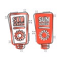 Sun protection icon in comic style. Sunblock cream cartoon vector illustration on white isolated background. Spf care splash Royalty Free Stock Photo