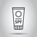 Sun protection icon in flat style. Sunblock cream vector illustration on white isolated background. Spf care business concept Royalty Free Stock Photo