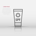 Sun protection icon in flat style. Sunblock cream vector illustration on white isolated background. Spf care business concept Royalty Free Stock Photo