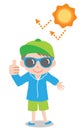 Sun safety tips boy kid illustration. UV protection products,hat,sunglasses,shade,sunscreen,and clothing help protect against the