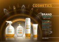 Sun protection realistic product set collection. Cosmetic bottles with logo label design on a blur sparkling background