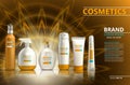 Sun protection realistic product set collection. Cosmetic bottles with logo label design on a blur sparkling background