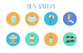 Sun protection set. Hand-drawn illustration of sun safety tips, creme and lotion, water bottle, sunglasses and hats. Vector