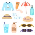 Sun protection set. Hand-drawn illustration of sun safety tips, creme and lotion, water bottle, sunglasses and hats. Vector