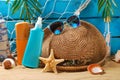 Sun protection still life on the beach Royalty Free Stock Photo