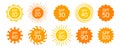 Sun protection sunblock sign set shine suns defense symbol collection summer beach suntan vector