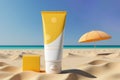 Sun protection. Sunscreen. Skin and body care. A tube of cream on the background of the beach