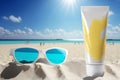 Sun protection. Sunscreen. Skin and body care. A tube of cream on the background of the beach