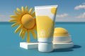 Sun protection. Sunscreen. Skin and body care. A tube of cream on the background of the beach