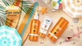Sun protection, sunscreen and Sunblock ads design, top view. Cosmetic banner with sea shells, tropical plants and