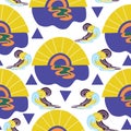 Sun, purple water and colorful waves, in a groovy seamless pattern