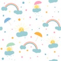 Sun rainbow clouds umbrella stars, seamless background,  vector illustration, cartoon pattern Royalty Free Stock Photo