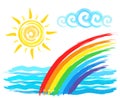 Sun, rainbow and sea, artistic brush drawing Royalty Free Stock Photo