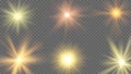 Sun ray effect. Starburst yellow shine, sunlight radiance on transparent background. Sunshine beams, summer heat sunbeam