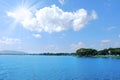 Sun ray light on blue sky over big lake background. Royalty Free Stock Photo