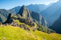 Sun rays above Inca ruins of Machu Picchu archeological site, Cusco, Peru, South America Royalty Free Stock Photo