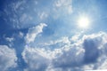 Sun rays against a blue sky in the clouds, Royalty Free Stock Photo