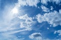 Sun rays against a blue sky in the clouds, Royalty Free Stock Photo