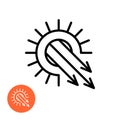 Sun rays blast icon. Solar pressure symbol. Sunstroke sign. Sun with downward arrows outline icon.