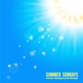 Sun with sun rays and bokeh blurs on blue background. Beautiful sunny banner with sunburst sunbeams. Vector dazzling Royalty Free Stock Photo
