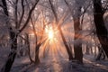 sun rays breaking through frosty trees