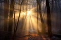 sun rays breaking through misty winter forest