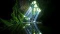 Sun Rays Entering Mossy Cave With Reflection on Water Surface Royalty Free Stock Photo