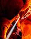 Sun Rays entering in Upper Antelope Canyon smooth curved Red Navajo Sandstone walls of the Canyon