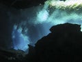 Sun rays entering the water in an underwater cave. Royalty Free Stock Photo