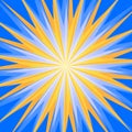 Sun rays or explosion comic radial boom banner. Abstract yellow rays of light spread from the center on blue background