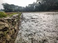 The sun rays fall on a muddy farmland on a winter morning which is made for plantation of rice seeds