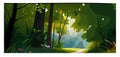 Sun rays falling deep into a thick jungle or forest. large tree trunk in the foreground