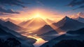 Epic mountain landscape with river at golden sunrise Royalty Free Stock Photo