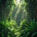 Sun Rays Illuminating a Verdant Tropical Jungle Path rainforest forest Royalty Free Stock Photo