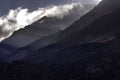 Sun rays in mountains and sky