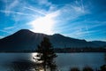 Sun Rays Over Lake Tegernsee and Alpine Mountains in Bavaria Royalty Free Stock Photo