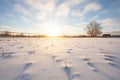 sun rays over snow-covered field Royalty Free Stock Photo