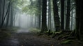 The sun rays peek through the fog and illuminate the green foliage of a dense forest Royalty Free Stock Photo