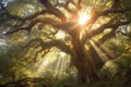 sun rays piercing through oak tree canopy Royalty Free Stock Photo