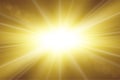 Sun rays. Starburst bright effect, isolated on gold background. Gold light star flash. Abstract shine beams. Vibrant