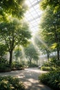 Sun rays streaming through trees in a net zero school daylighting atrium Royalty Free Stock Photo