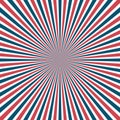 Sun rays striped background in colours of USA flag. Vector Illustration