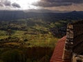 Sunbeams into valley landscape view from castle to Swabian Alps at fall Royalty Free Stock Photo
