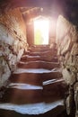 Sun rays to stone stairs of cellar dungeon, freedom concept Royalty Free Stock Photo