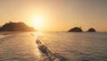 Sun reflection at waves of ocean bay aerial. Silhouette of mountains islands with tropic seascape