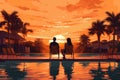 sunset pool honeymoon relax romantic couple back swimming travel vacation. Generative AI.