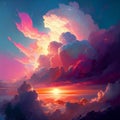 Sun Rise in Cloudy Sky Background, Dramatic Sunrise, Airplane View Above Clouds, Generative AI Illustration Royalty Free Stock Photo