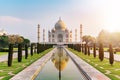 Sun rise at Taj Mahal front view reflected on the reflection pool.